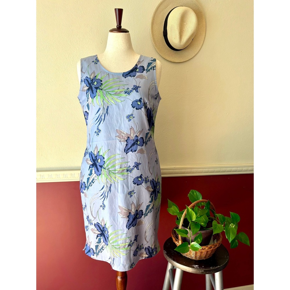 Vintage Field Gear Blue Floral Silk & Cotton Sheath Dress Size 12 Coastal Resort